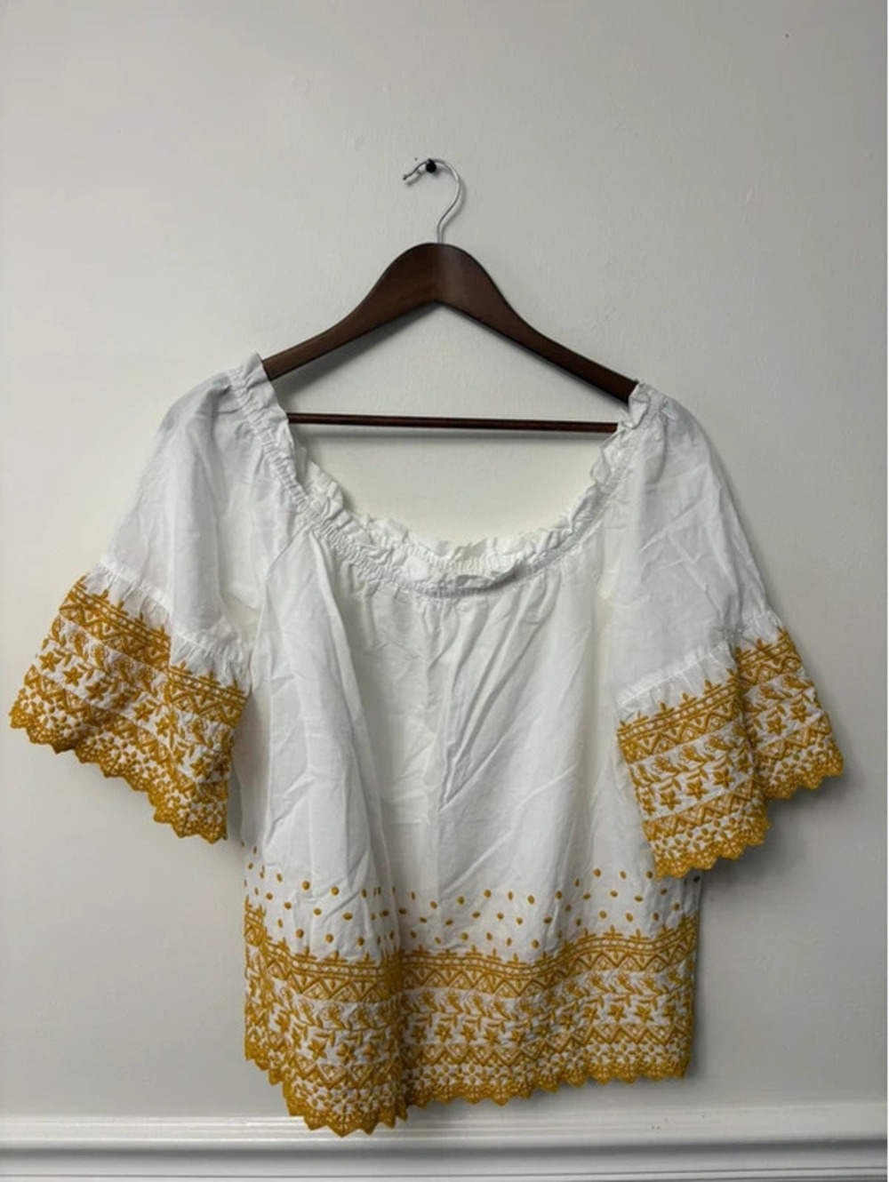White Mustard Embroidered Boho Peasant Blouse